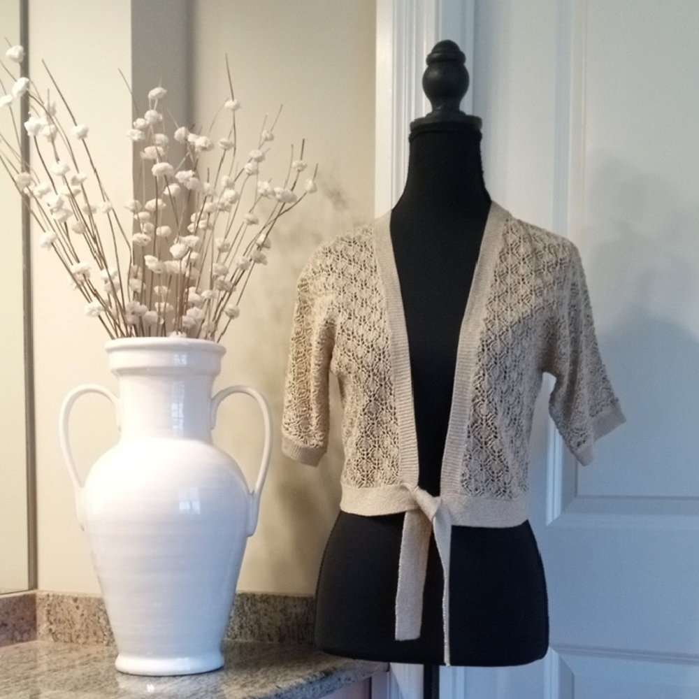 LOFT Beige Open-Knit Cardigan with Tie Front. Women's Size Small.